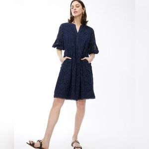 Chico's Eyelet Tiered Smocked Navy Dress